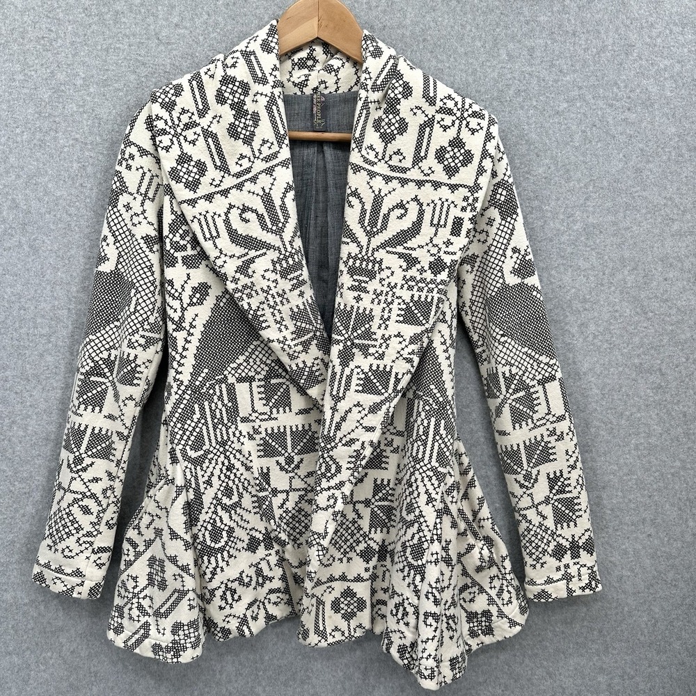 Free People‎ Peacock Cross Stitch Coat Peplum Boho Peplum Pockets Cotton Size XS - Picture 2 of 9